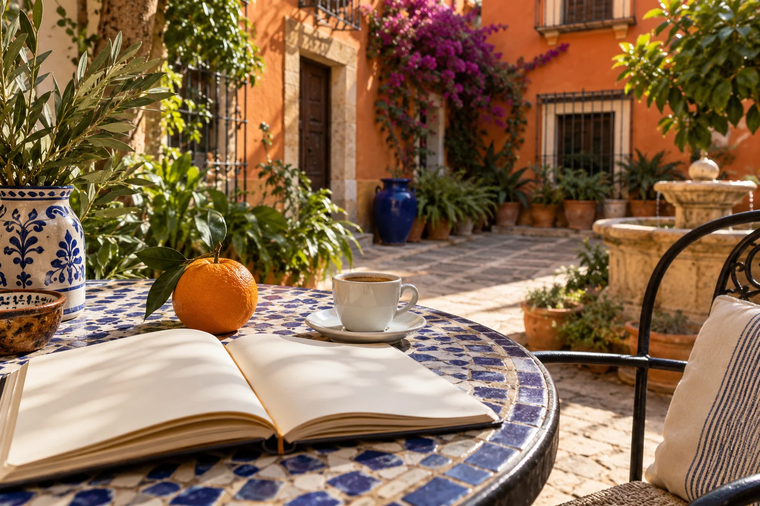 Notebook, coffee and an orange on a café table overlooking a Spanish courtyard