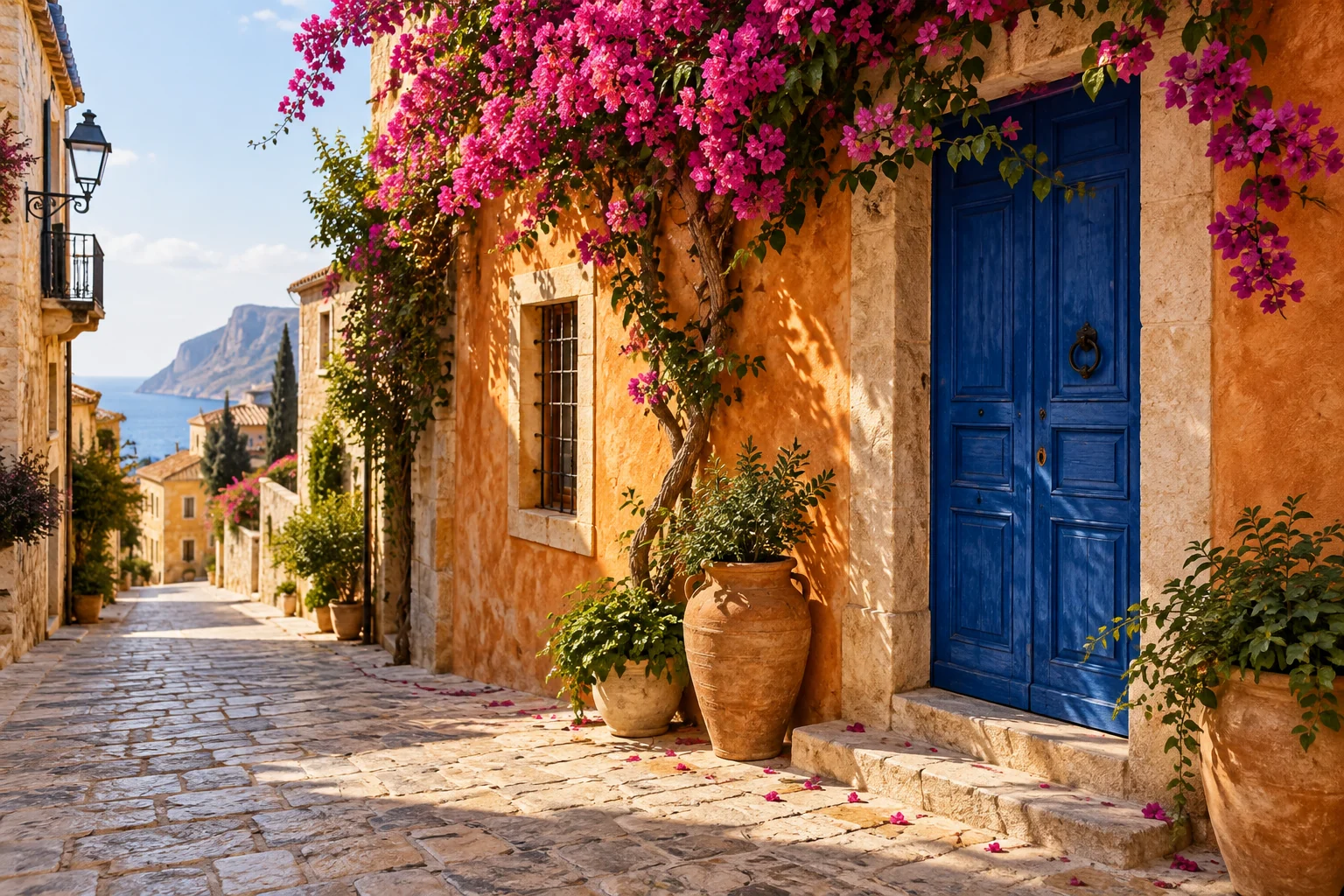 Sunlit Spanish-style street with orange walls, a blue door and flowers